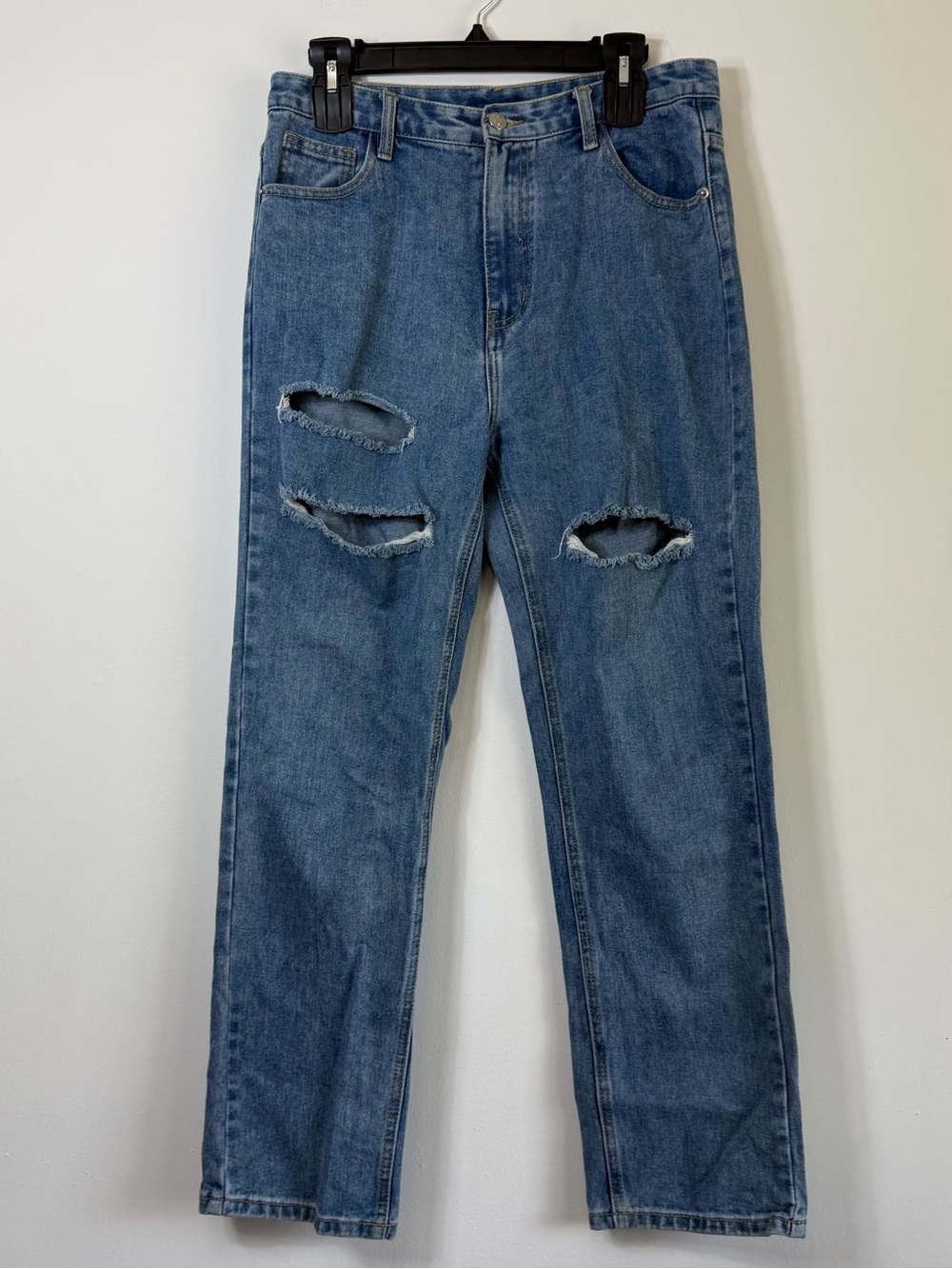 High Waisted Distressed Straight Leg Jeans Medium Wash Grunge Y2K Size UK 12